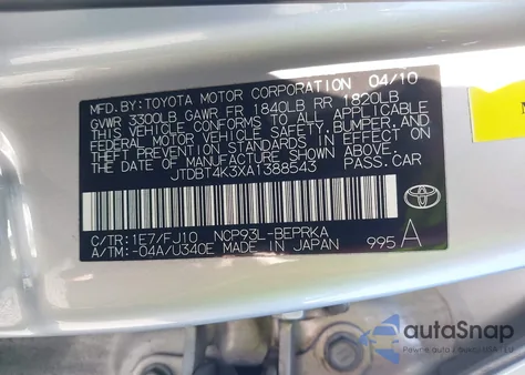 2010 Toyota Yaris from USA, damaged, VIN JTDBT4K3XA1388543